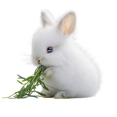 A White Rabbit Eating Grass Isolated on Transparent Background
