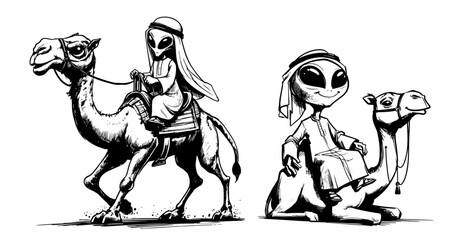 aliens riding camels in desert black vector sketch