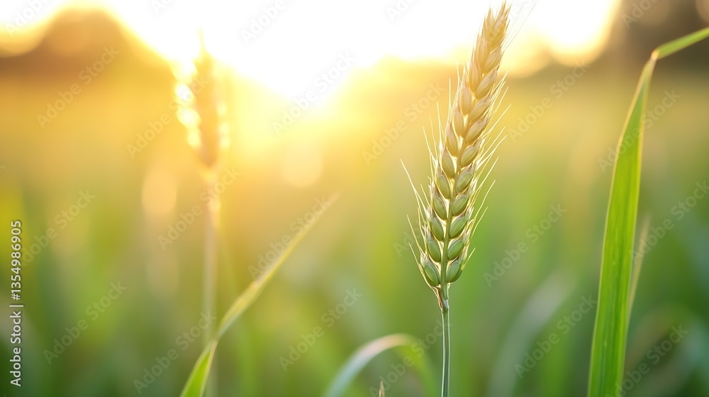 Poster golden wheat stalks illuminated by warm sunlight in a lush green field during the golden hour : gene