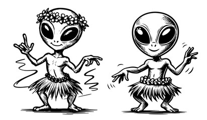 hula dancing aliens in grass skirts black vector sketch