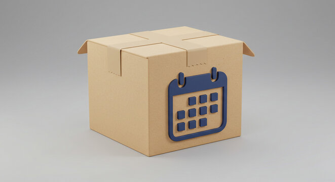 Scheduled Delivery: A cardboard box marked with a calendar icon symbolizing timely package arrival, promising efficient and reliable shipping.