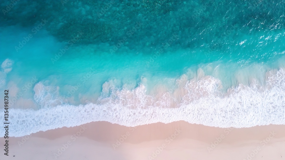 Poster aerial view of a stunning tropical beach with waves crashing on the shore and clear turquoise waters