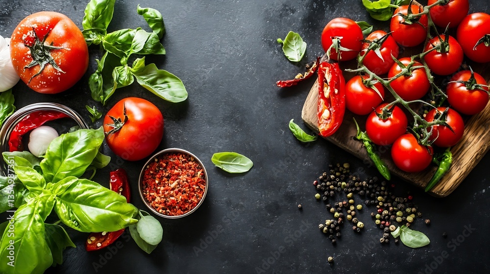 Poster A colorful display of fresh tomatoes and basil arranged on a dark textured surface for cooking artistry : Generative AI