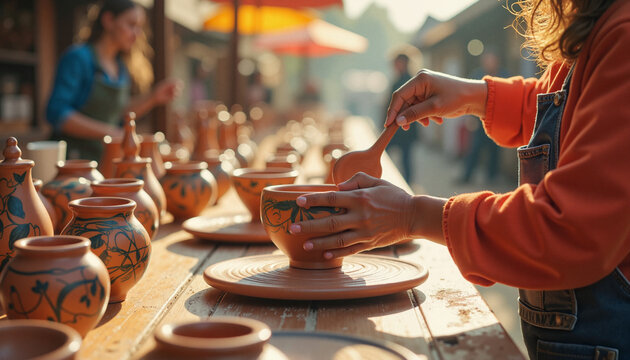 Artisan demonstrating pottery making at vibrant market, creative expression