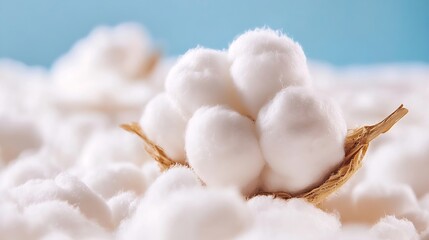 Closeup view of soft fluffy cotton bolls nestled among a gentle backdrop of fluffy cotton clouds : Generative AI