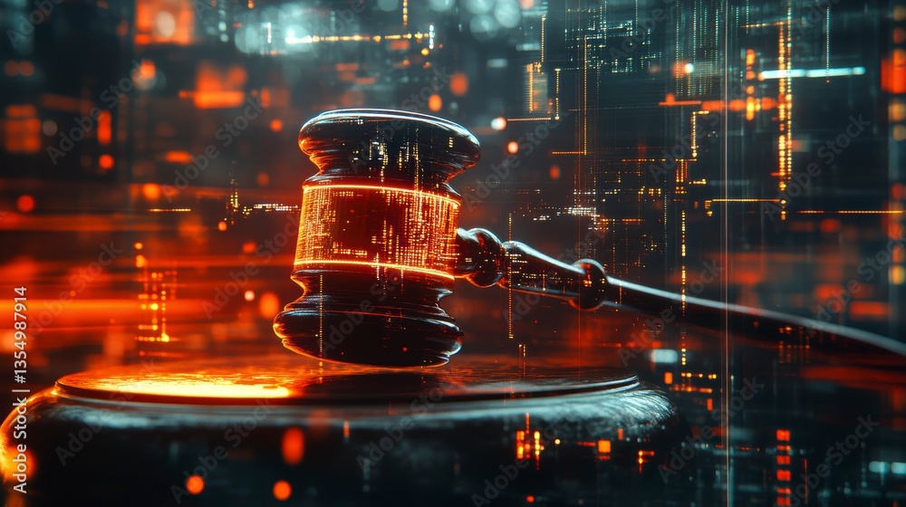 Poster gavel on sound block with futuristic digital overlay.