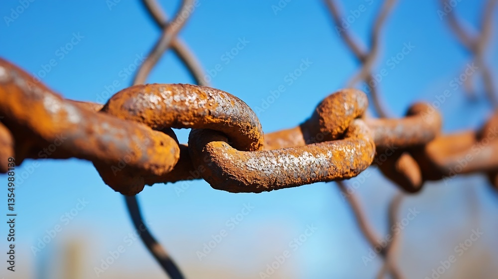 Fototapete close up of rusty chain links against a blue sky showcasing texture and color : generative ai