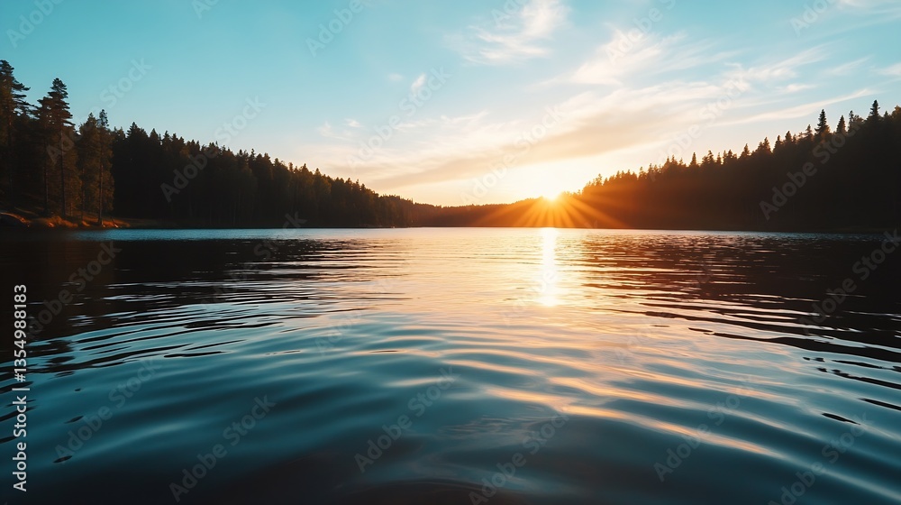 Poster sunset reflected on calm water surrounded by forests creating a serene nature experience : generativ
