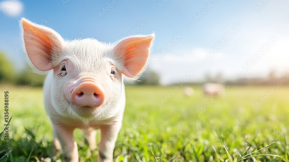 Poster charming piglet curiously strolling through the green grassy field : generative ai