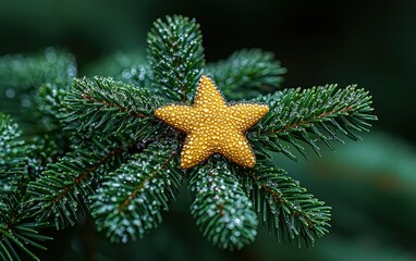 Golden star ornament on frosted evergreen