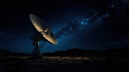 A large satellite dish stands against a breathtaking starry sky, symbolizing human curiosity and the quest for knowledge beyond our world and the infinite universe.