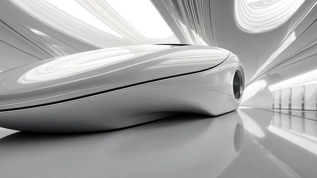 Futuristic Design: Explore the clean lines and innovative form of a futuristic vehicle, set within a modern architectural space. A study in contrasts, where sleek design meets architectural elegance.