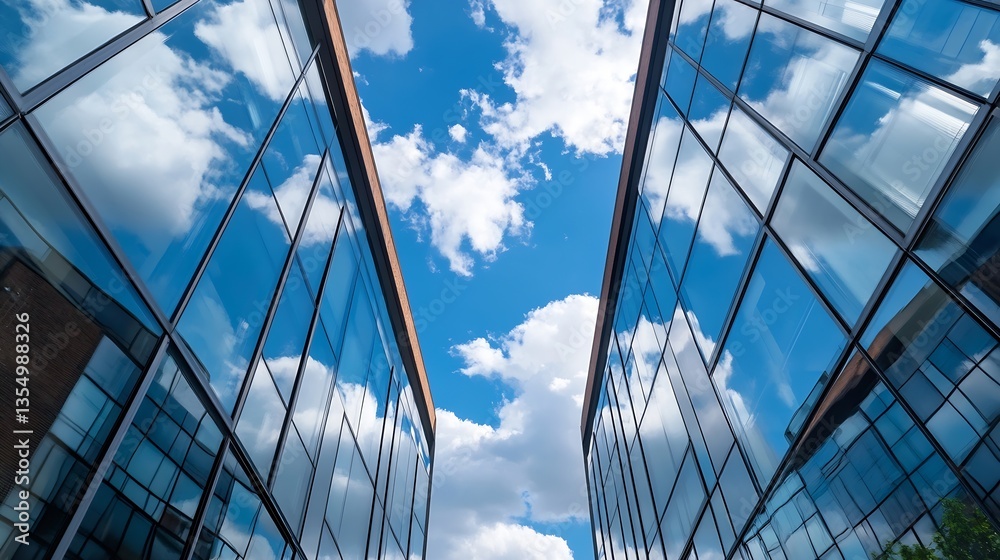 Poster striking architectural image of glass buildings reflecting clouds in a bright blue sky creating a mo