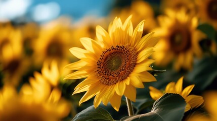 Naklejka premium A bright sunflower blooms amidst a vibrant field, capturing the joy of nature during a sun-filled day and radiating warmth, positivity, and the beauty of life.