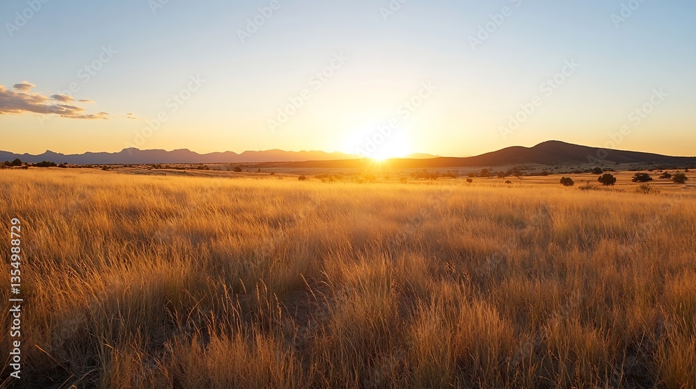 Poster golden hour view of a vast grassy field illuminated by the warm light of the setting sun : generativ