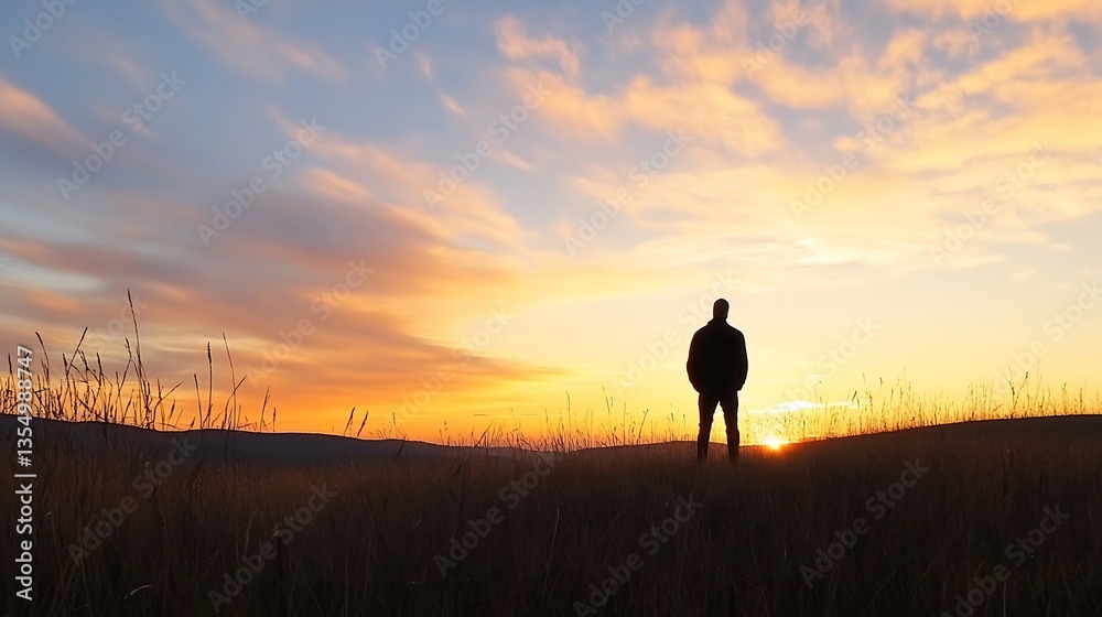 Poster silhouette of a person standing on a hilltop against a vibrant sunset sky filled with colorful cloud