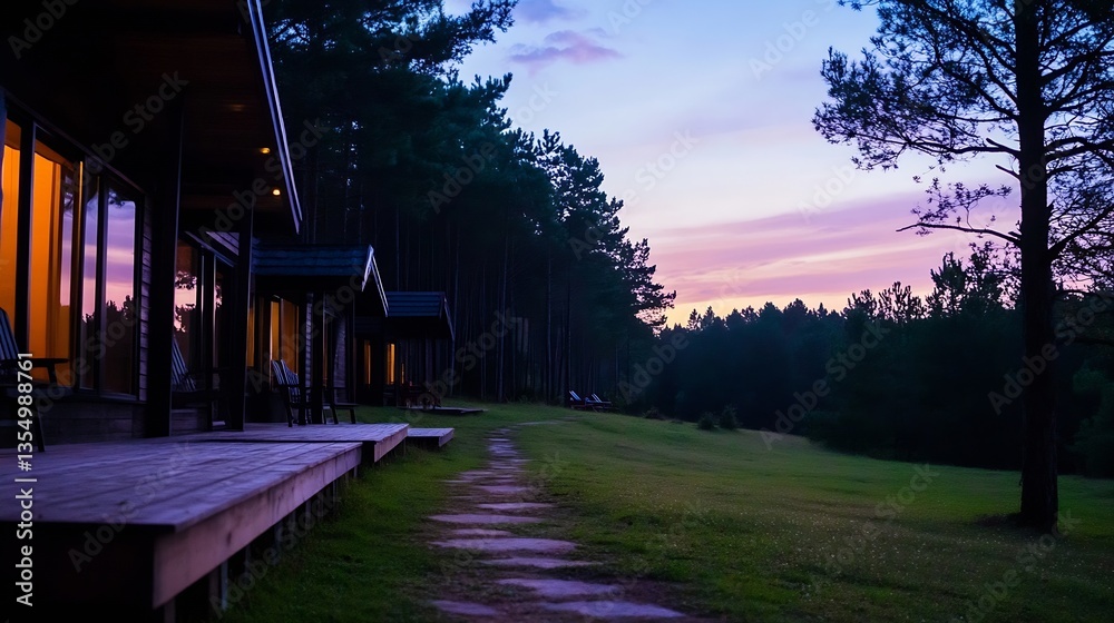 Poster a picturesque view of cozy cabins surrounded by trees as the sun sets through the forest in the even