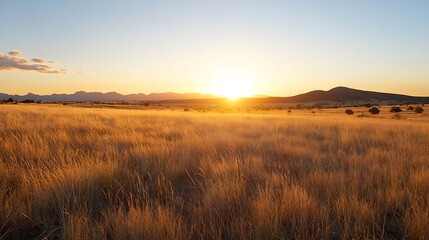 Golden hour view of a vast grassy field illuminated by the warm light of the setting sun : Generative AI