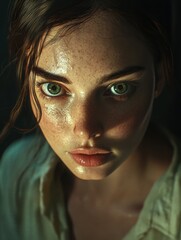 Envious portrait of a woman in a studio setup with a dark and moody atmosphere and an enigmatic expression on her face, generative ai