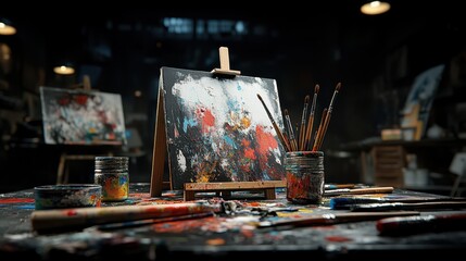 Obraz premium A dynamic and colorful abstract painting rests on an easel, surrounded by art supplies, evoking creativity and artistic expression in a studio atmosphere.