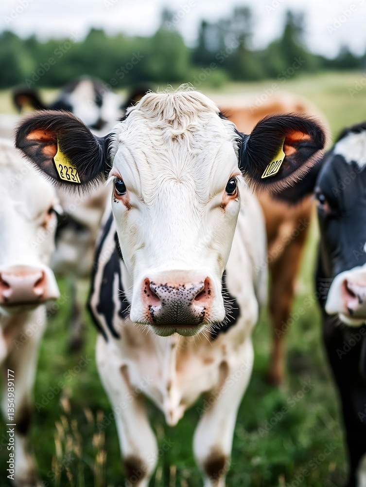 Aufkleber curious cow faces with distinctive ear tags in a green pasture under a sunny sky : generative ai