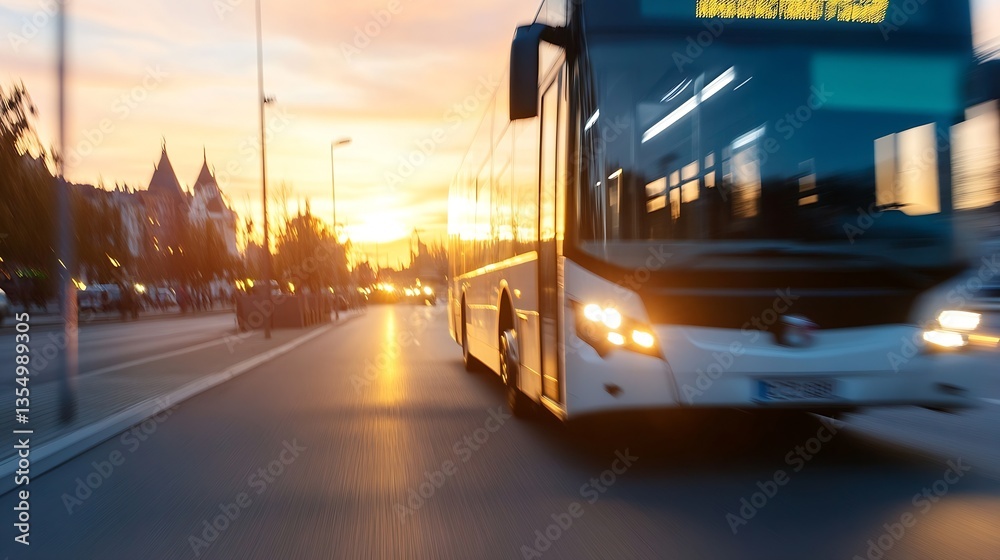 Poster Dynamic motion shot of a city bus driving through a vibrant sunset landscape creating motion blur : Generative AI