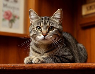 Big Tabby Cat Lying on Table - AI Generated.