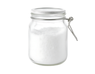 Glass jar filled with white powder, isolated on a transparent background