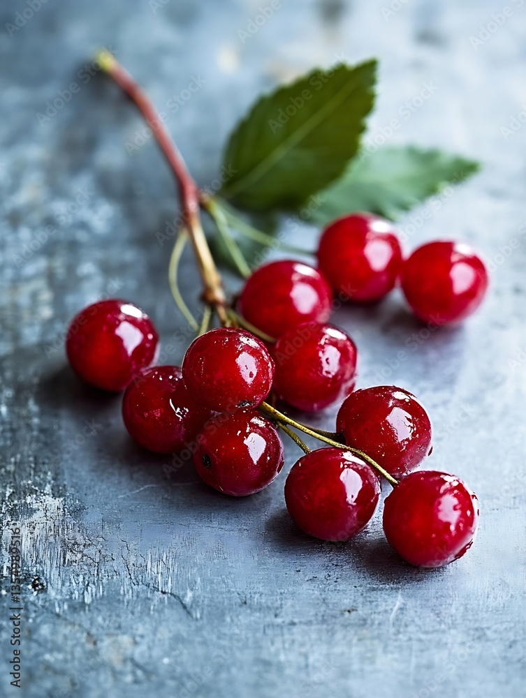 Aufkleber Fresh and vibrant cherries on a rustic surface with natural light highlighting their juicy texture and colors : Generative AI
