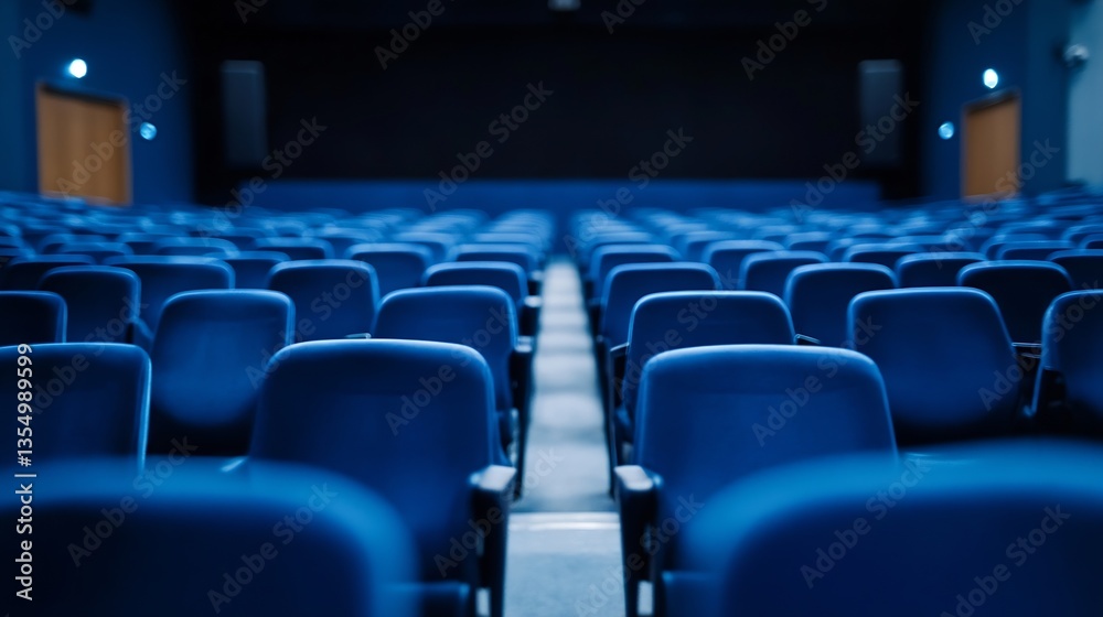 Poster spacious and inviting movie theatre interior with row after row of blue seats : generative ai