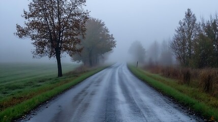 Misty country road lined with trees in autumn conveying a serene and peaceful atmosphere : Generative AI