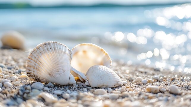 Closeup of beautiful seashells scattered on a serene beach during daylight : Generative AI
