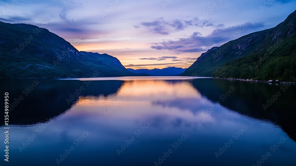 Aufkleber stunning scenic view of tranquil lake reflecting colorful sky at dusk with mountains in the backgrou