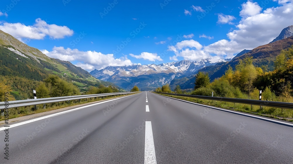Poster scenic view of an empty road stretching into the mountains under a blue sky : generative ai