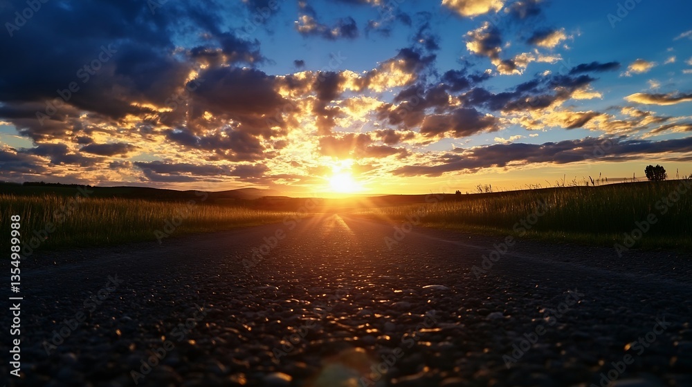 Poster vibrant sunset over open road surrounded by fields and dramatic clouds creating picturesque sunset v