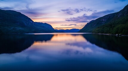 Stunning scenic view of tranquil lake reflecting colorful sky at dusk with mountains in the background : Generative AI