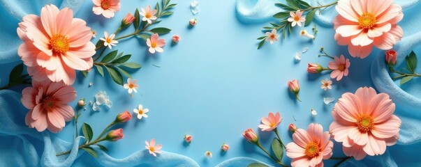 soft peach flowers scattered across blue mesh, floral, flowers, mesh