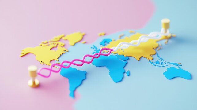 Abstract representation of a DNA strand interwoven with a world map, symbolizing the connection between biology and geography.
