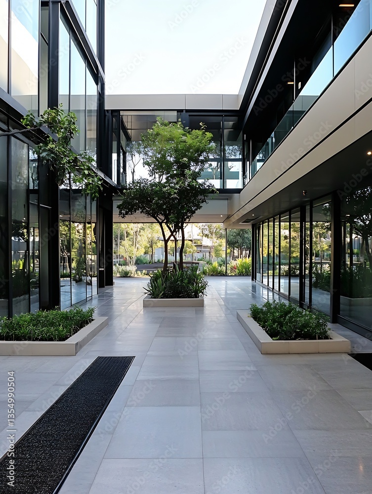 Poster modern architectural design showcasing a serene courtyard with lush greenery and glass facades : gen