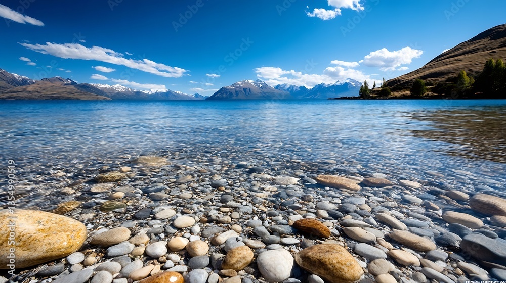 Aufkleber crystal clear lake with smooth stones and mountains under blue sky and clouds : generative ai