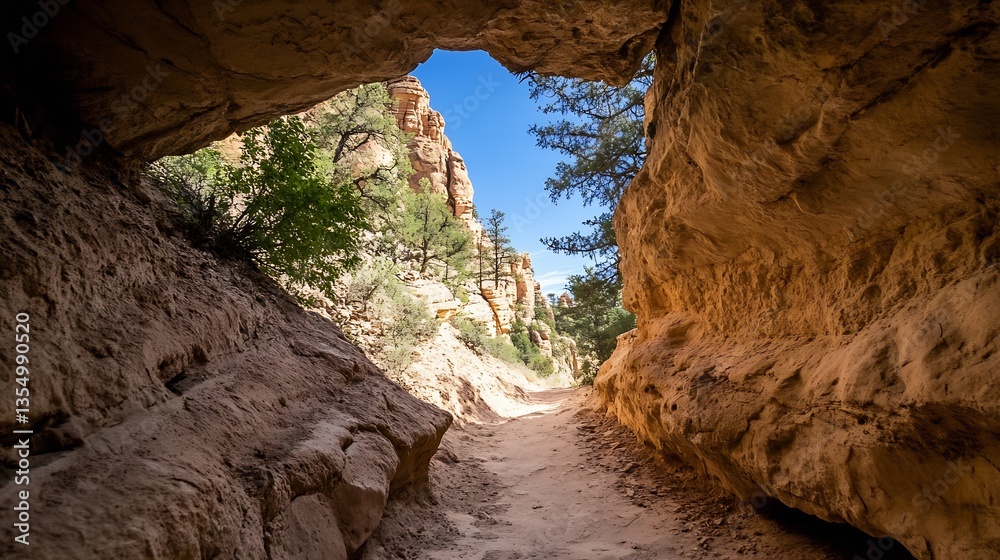 Aufkleber scenic view through a rocky arch showing vibrant pathway in desert landscape : generative ai