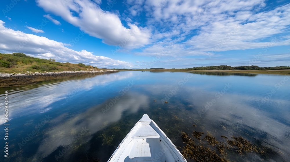 Aufkleber Scenic view from a boat reflecting the clouds and greenery in calm waters : Generative AI