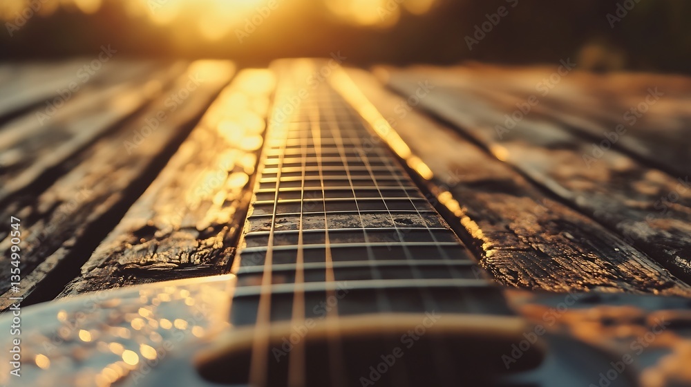 Aufkleber closeup view of guitar on weathered wooden surface during sunset creating a warm atmosphere : genera