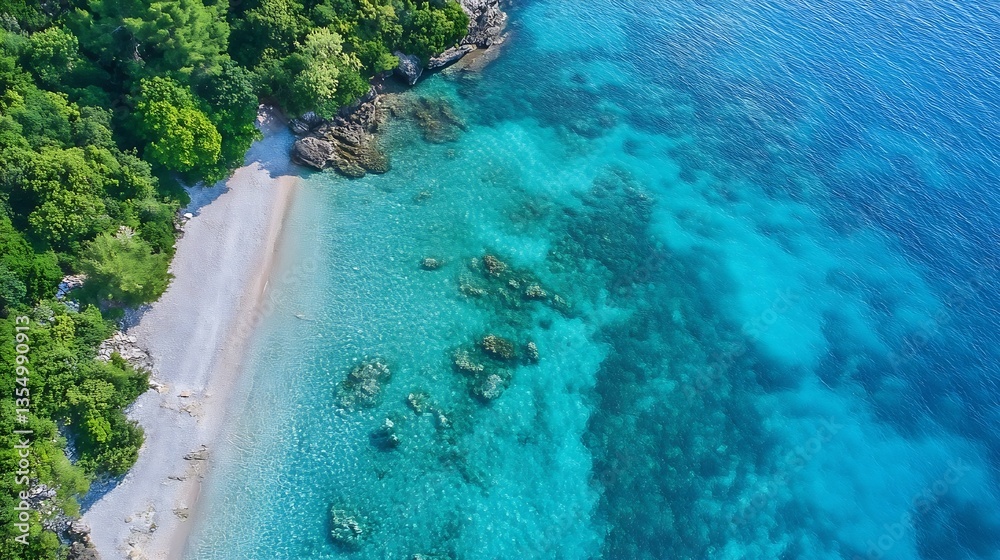 Aufkleber stunning aerial view of a pristine beach with turquoise water and lush greenery along the shore : ge