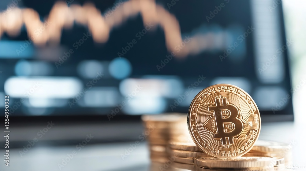 Poster Shiny Bitcoin Coin with Digital Graph Displaying Cryptocurrency Trends in the Background : Generative AI