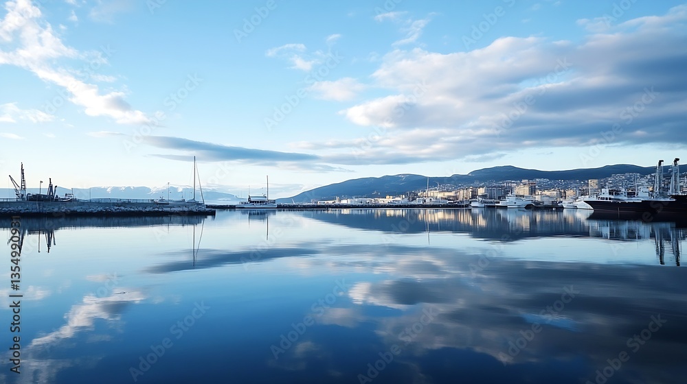 Poster serene waterfront view with stunning reflections and blue sky in a tranquil harbor setting : generat