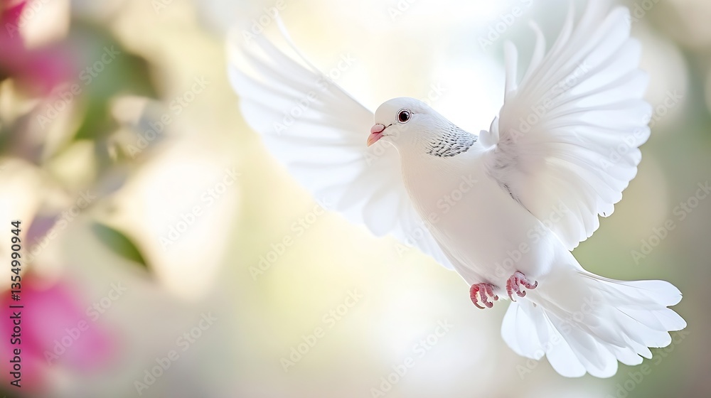 Poster elegant white dove flying gracefully in a soft and dreamy background of serene colors : generative a