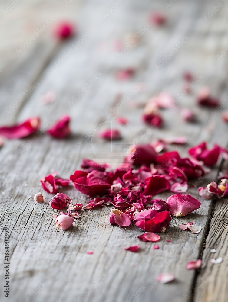 Poster Scattered vibrant red rose petals on a wooden surface creating a romantic and natural atmosphere : Generative AI