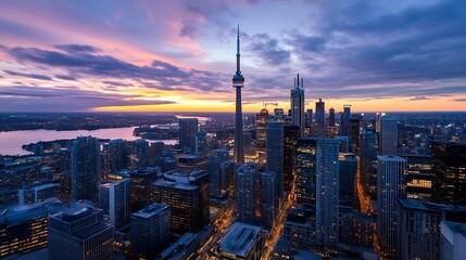 Obraz premium Stunning city skyline at twilight showcasing tall buildings and prominent tower : Generative AI