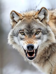 Fototapeta premium Striking image of a wild wolf showing teeth and an imposing stance in a snowy landscape : Generative AI